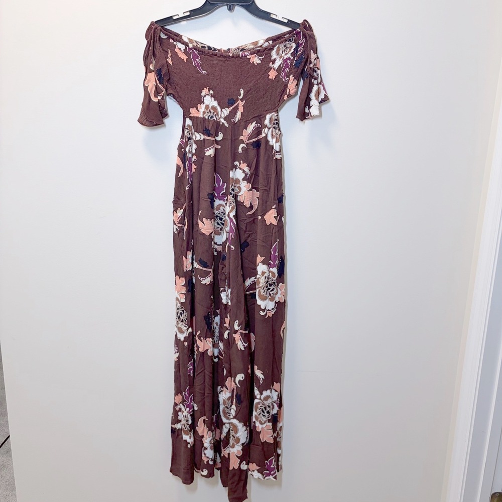 Free People Floral Off Shoulder Wide Leg Jumpsuit Brown Boho Cut Out Medium